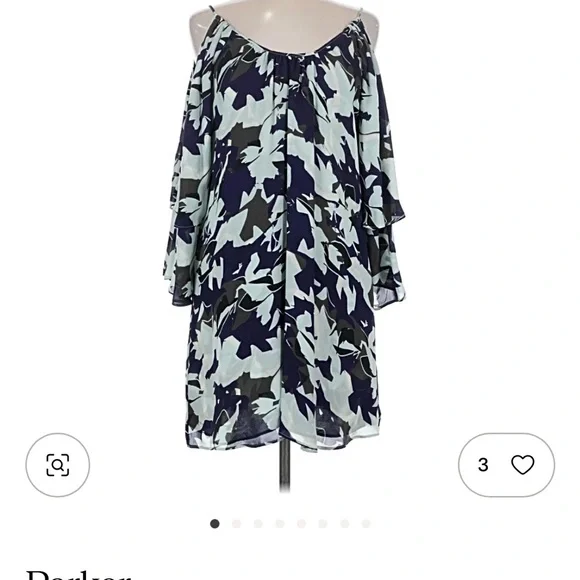 Parker Navy and Light Blue 100% silk Floral Cold-Shoulder Midi Dress - Picture 3 of 8